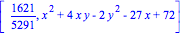 [1621/5291, x^2+4*x*y-2*y^2-27*x+72]
